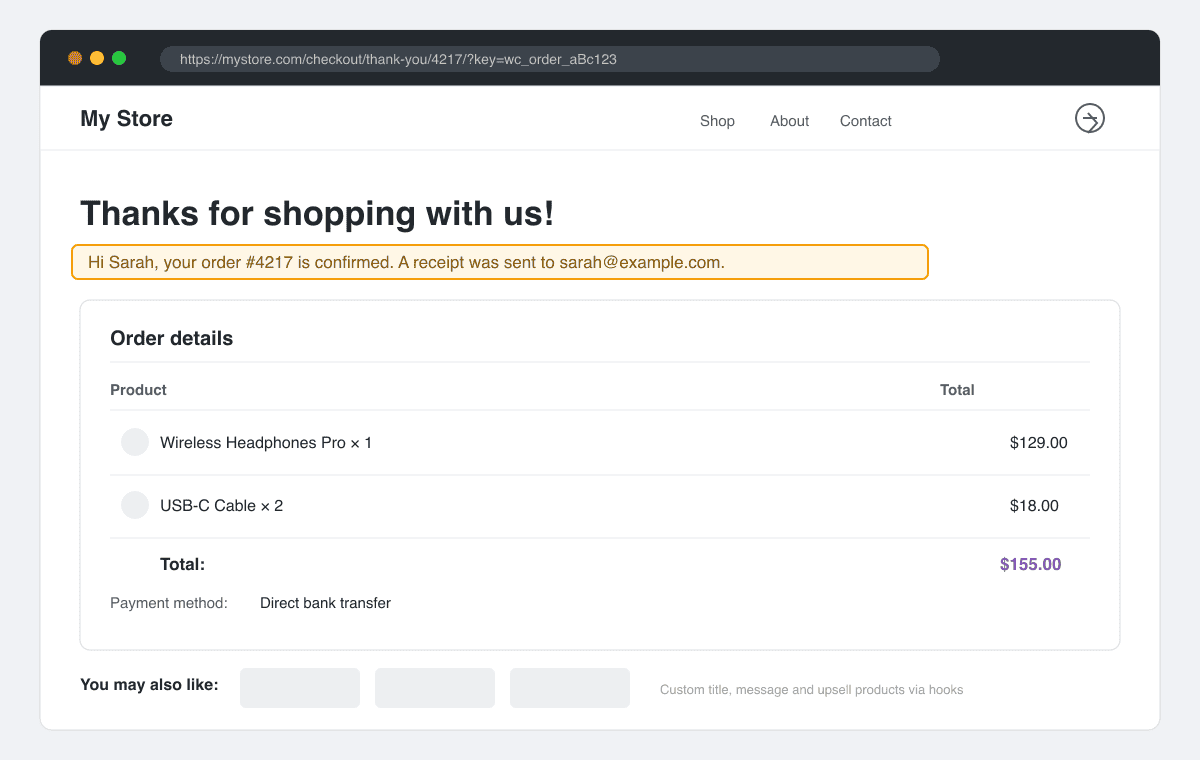 Customized WooCommerce order received page with personalized title and message