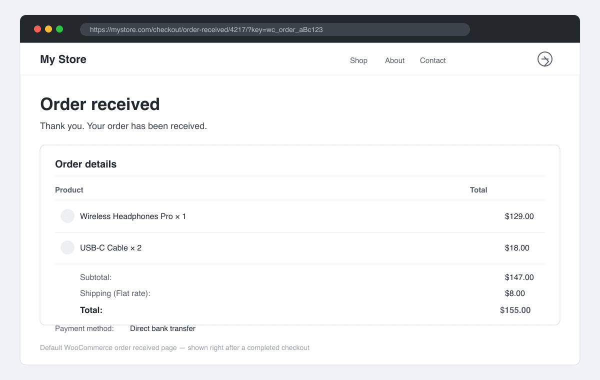 Default WooCommerce order received page with order details after checkout