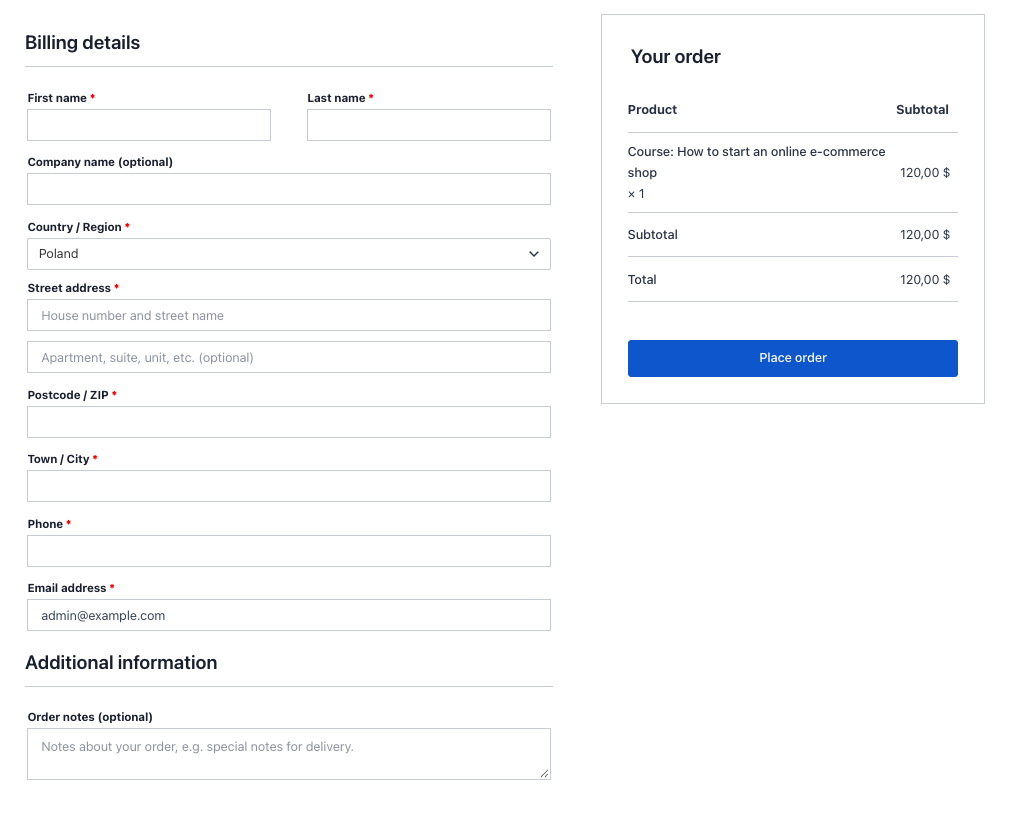 Standard WooCommerce checkout billing and address fields visible