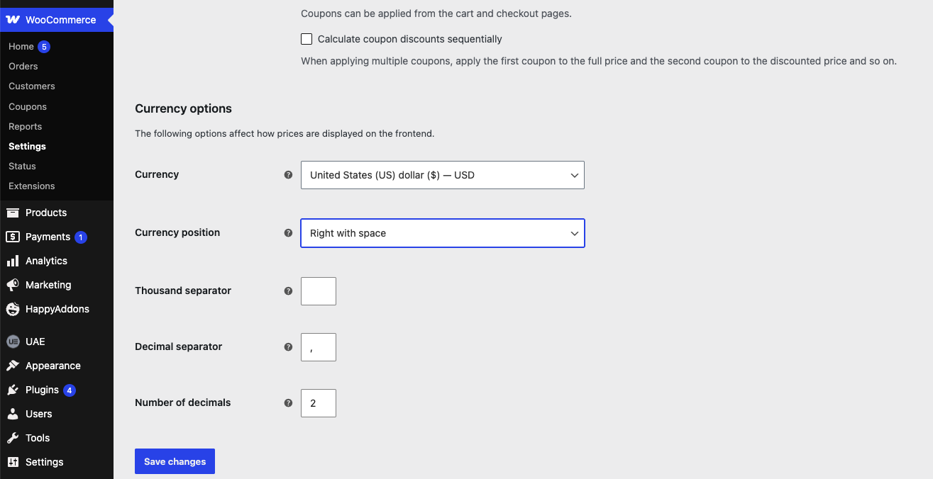 WooCommerce Settings General screen showing the Currency options section with currency dropdown and formatting fields
