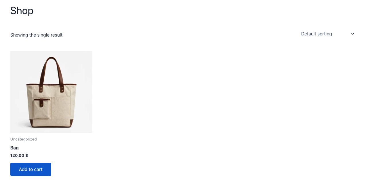 WooCommerce shop page showing the single result after the snippet hides the private product from the shop page