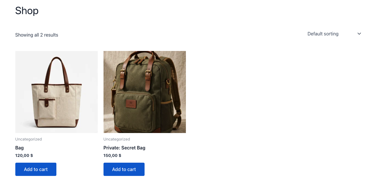 WooCommerce shop page showing all 2 results with the Private Secret Bag visible to a logged-in admin before the snippet